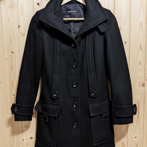 ZARA BASIC Black Wool Blend Peacoat Womens, Fitted Classic Trench Style Coat (S) - Picture 4 of 10